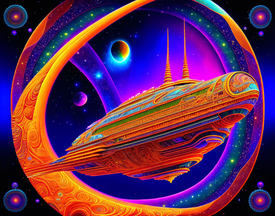 Colorful Psychedelic Spaceship Illustration in Cosmic Setting