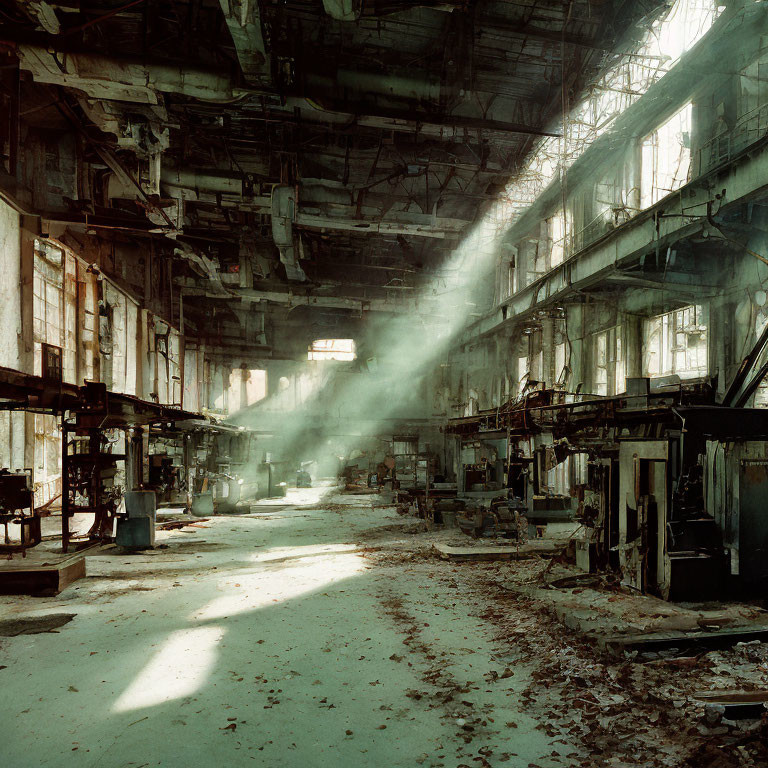 Abandoned factory floor with broken windows and derelict machinery