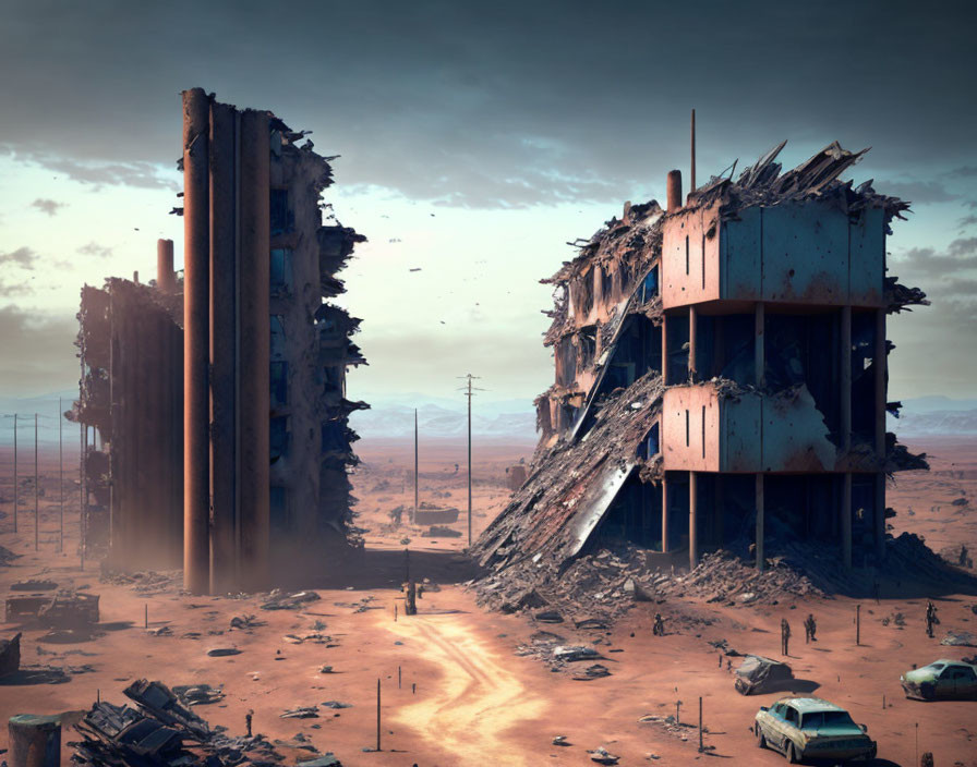 Desolate urban wasteland in desert setting with abandoned structures and cars.