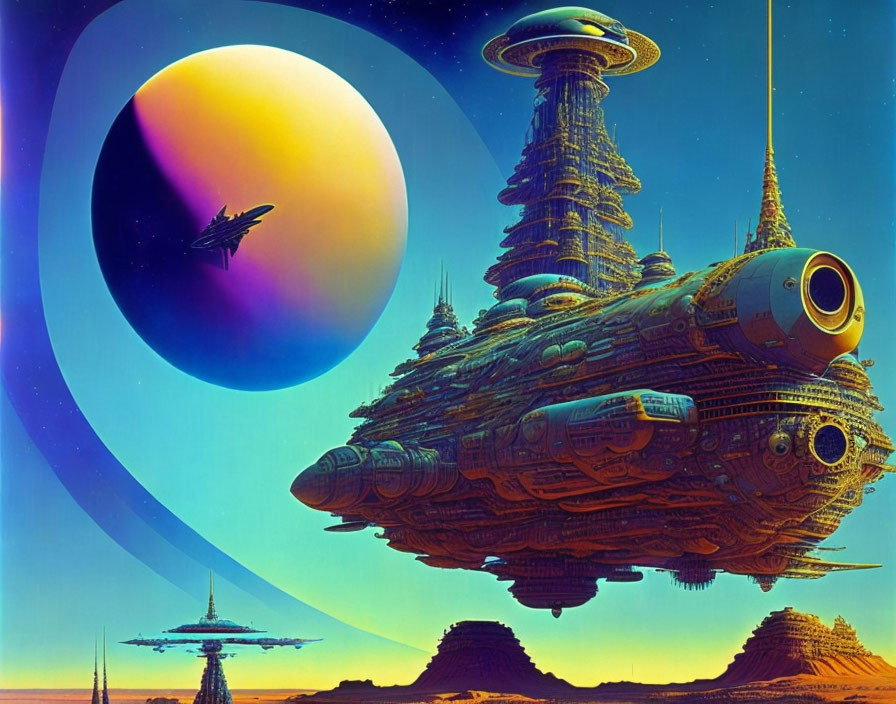 Detailed Sci-Fi Landscape with Spaceship, Desert, and Planet