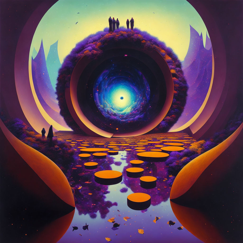 Surrealist landscape with vortex, orange disks, and silhouetted onlookers