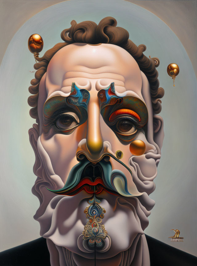 Surrealistic portrait featuring multiple facial features and hot air balloons