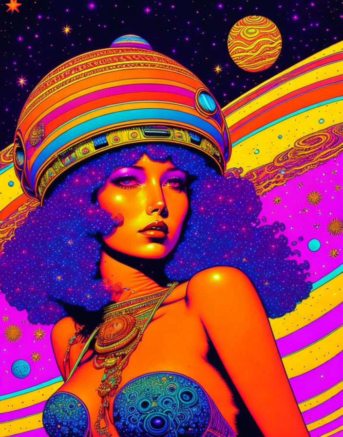 Digital artwork: Woman with cosmic body paint and headdress in space backdrop.