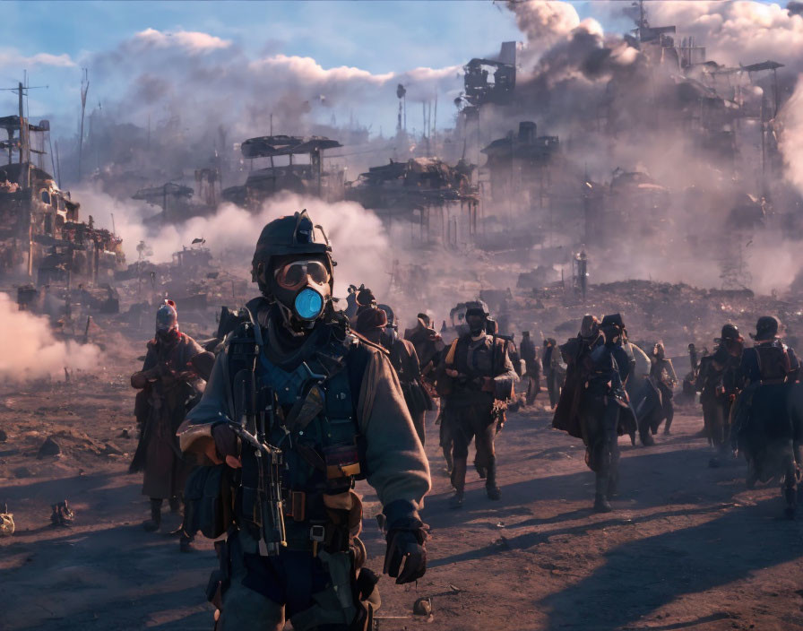 Military soldiers in gas masks and combat gear navigate a dusty, war-torn landscape with smoke and ruined