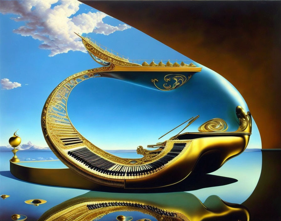 Golden ornate piano with boat-like qualities on reflective surface under vibrant blue sky