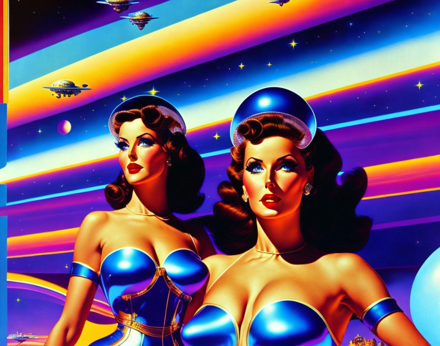 Futuristic metallic clothing on stylized women in space