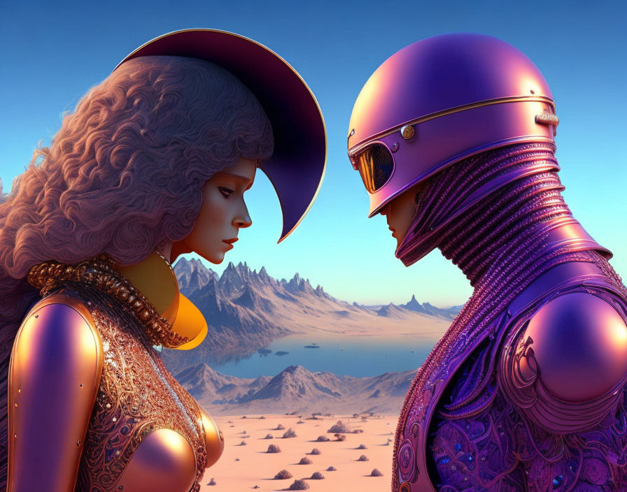 Stylized characters in purple helmet face off in desert and mountain landscape at dusk