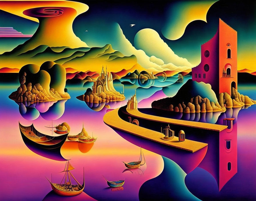 Surreal landscape with inverted perspectives, floating ships, castle, swirling clouds, birds