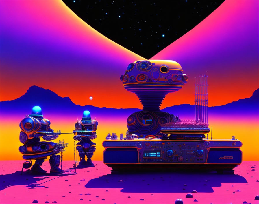 Robots and boombox under starry sky on alien landscape