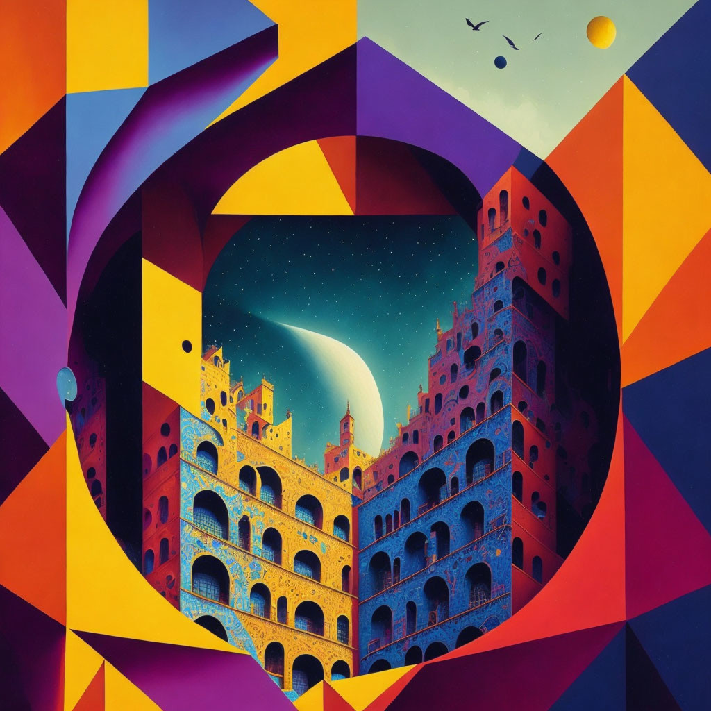 Geometric painting of buildings under starry sky with abstract shapes