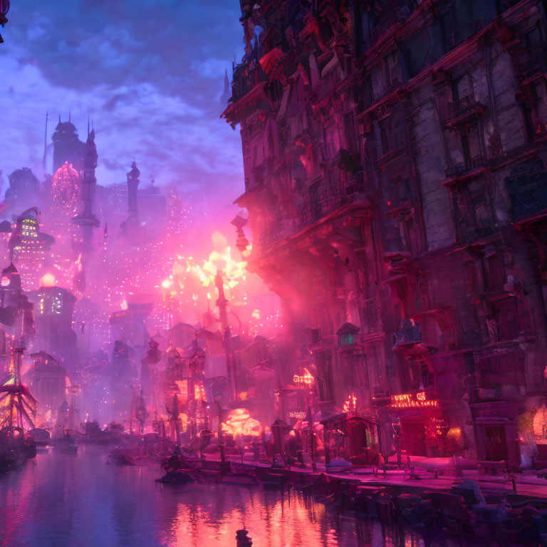 Fantasy Canal City at Dusk with Neon Lights and Gothic Buildings