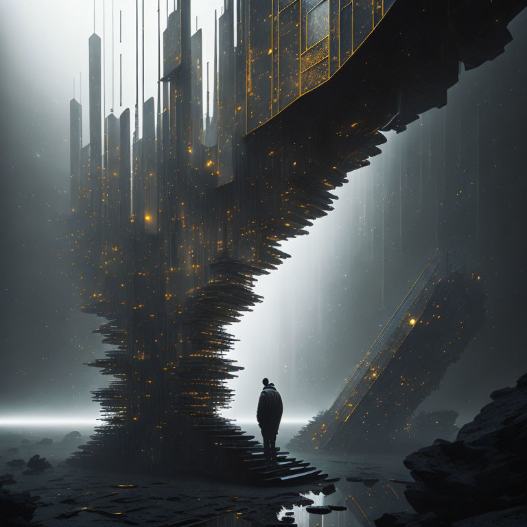 Mysterious figure in front of illuminated, spiraling structure amid mist