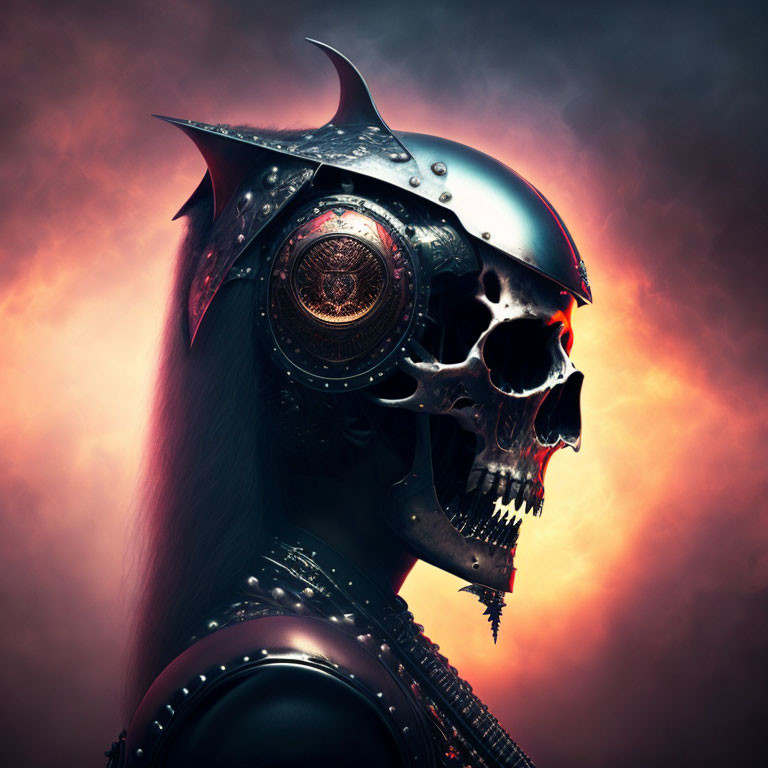 Spiked helmet skull with glowing eyes on fiery background