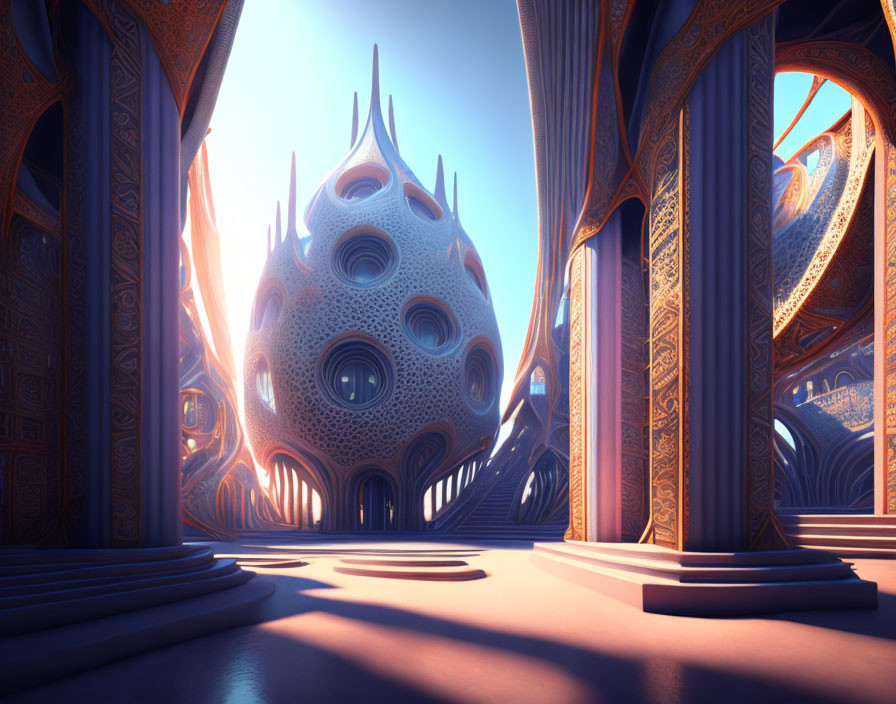 Spherical futuristic building with ornate pillars in ambient light