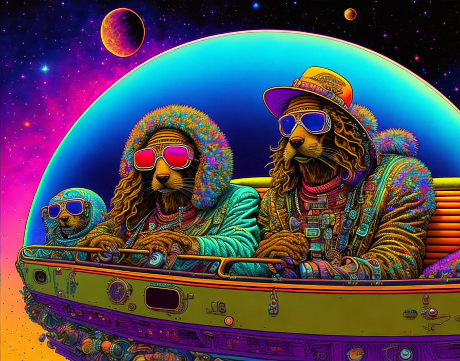 Anthropomorphic dogs in stylish outfits piloting a colorful spaceship in a cosmic setting