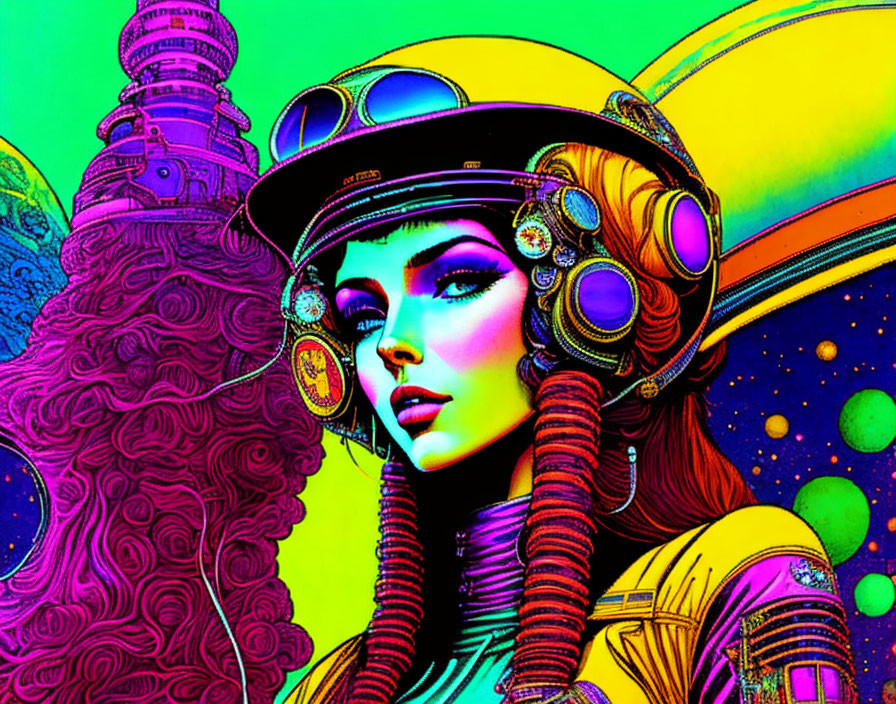 Colorful Psychedelic Illustration of Woman in Retro-Futuristic Pilot Helmet