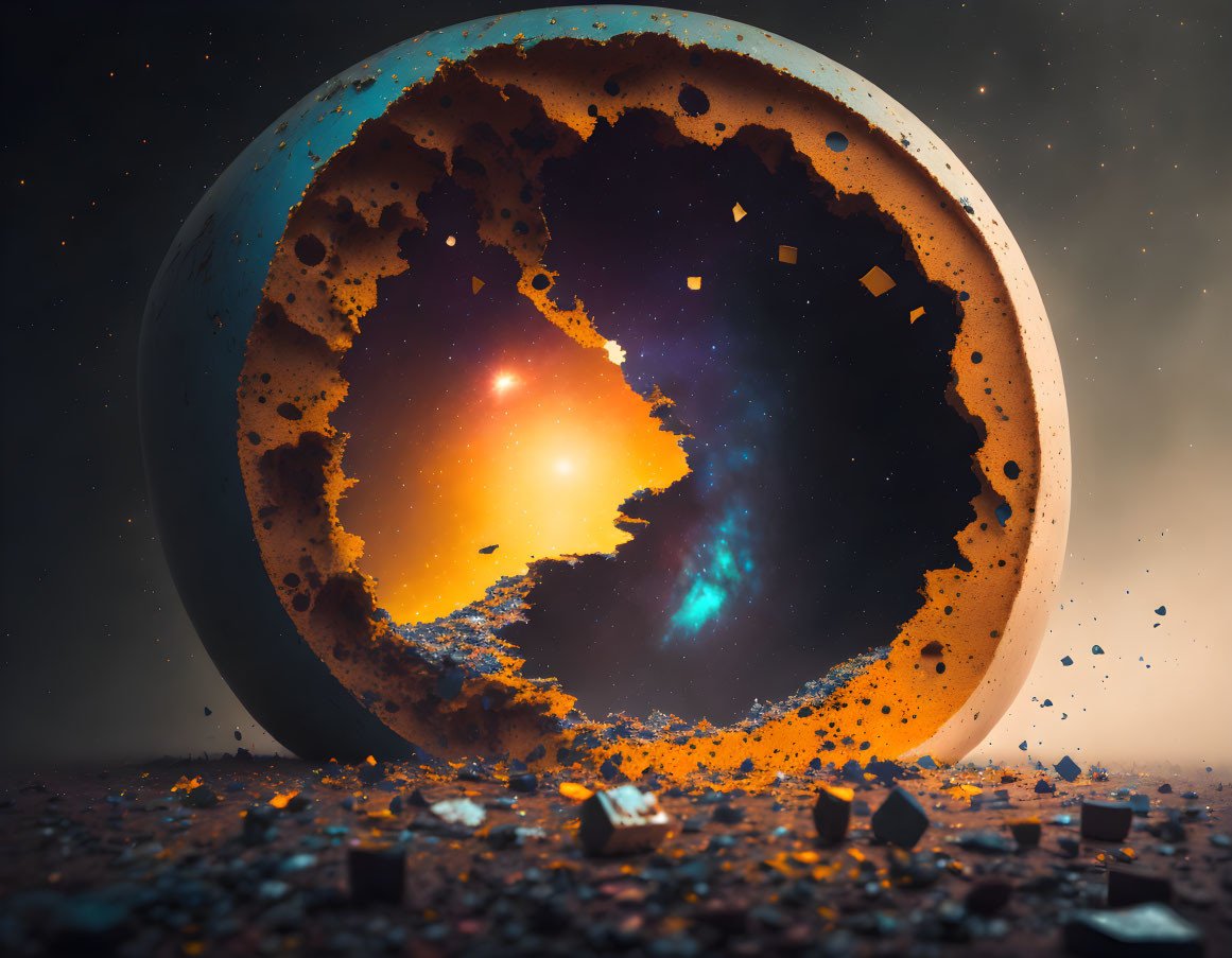 Surreal corroded sphere with cosmic scene in dark space