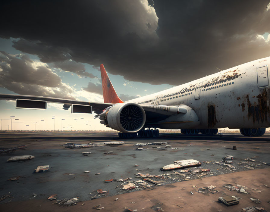 Abandoned airplane on tarmac under cloudy sky