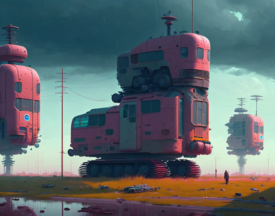 Futuristic pink tank-treaded vehicles in stormy scene