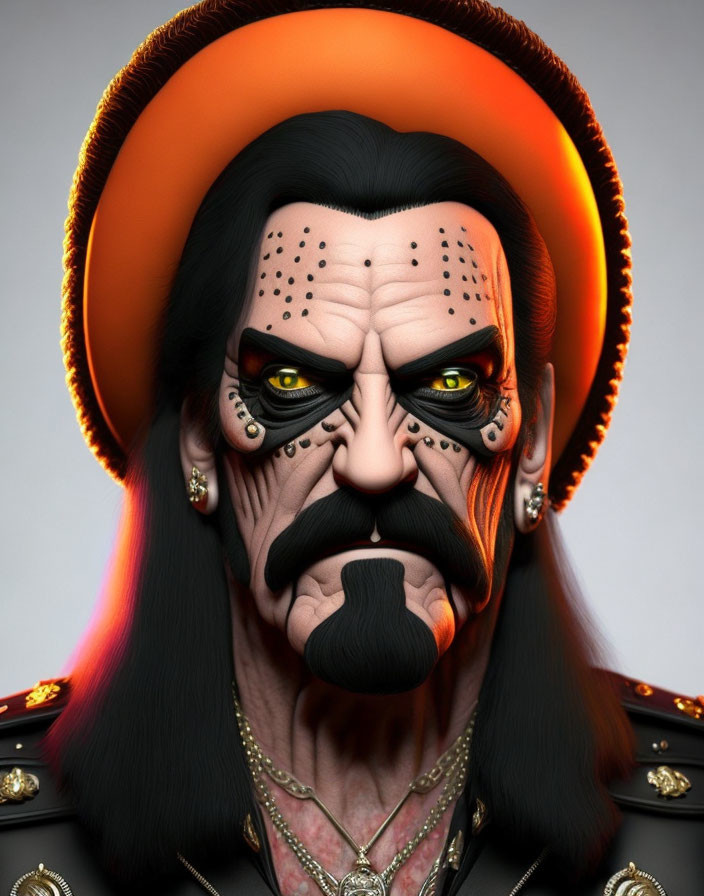 Stylized male character with black beard and tribal markings in 3D illustration