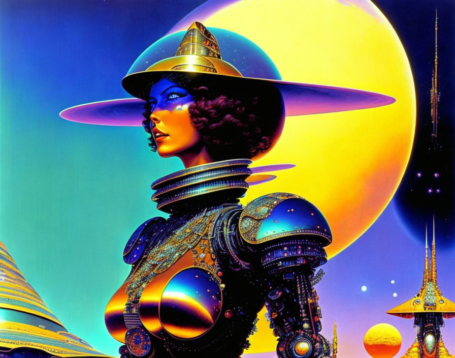 Futuristic sci-fi illustration of female figure in elaborate helmet and mechanical suit against celestial backdrop