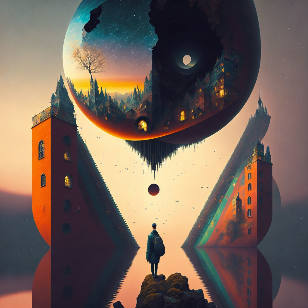 Person gazes at surreal floating sphere with inverted landscapes and castles