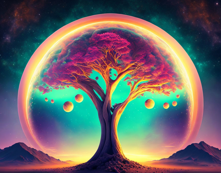 Colorful digital artwork: Tree with luminous ring, orbs, cosmic background, mountain silhouette