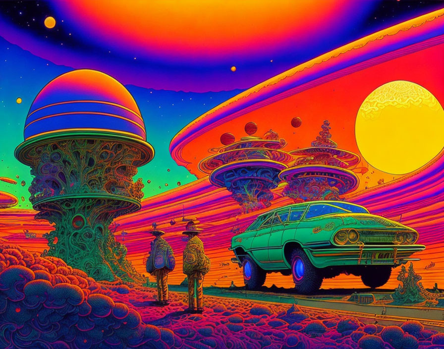 Colorful Psychedelic Artwork with Figures, Car, and Whimsical Landscape