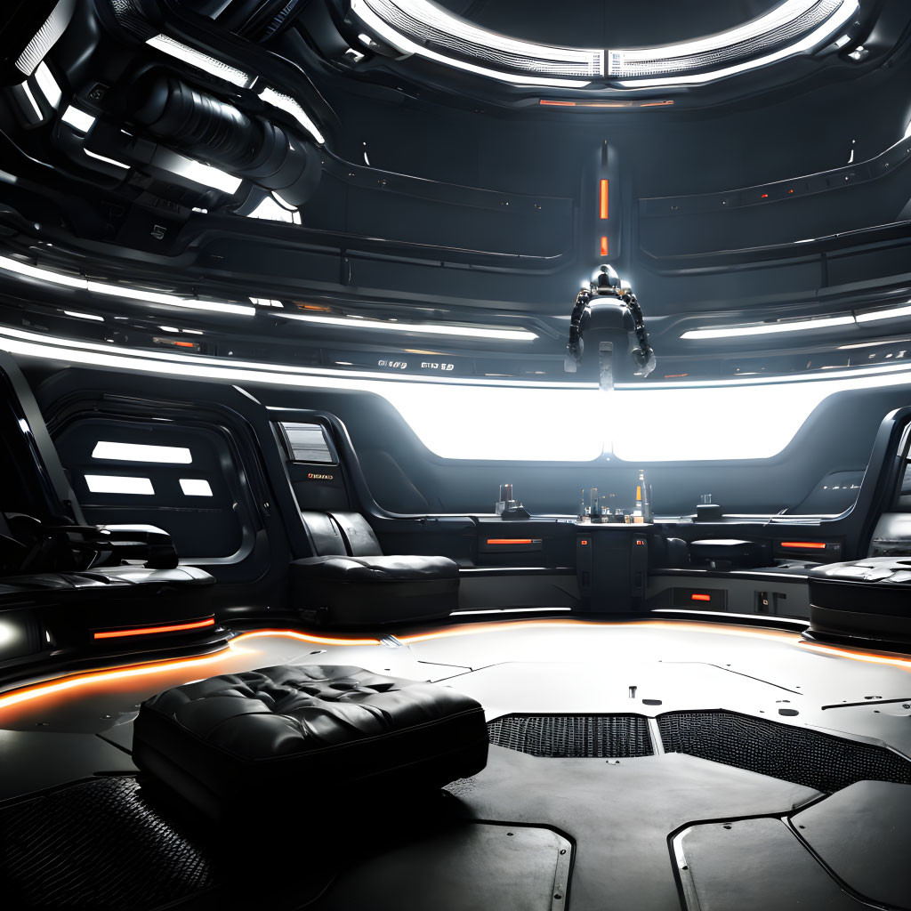 Sleek Black Futuristic Room with Orange Lighting and Hovering Robot