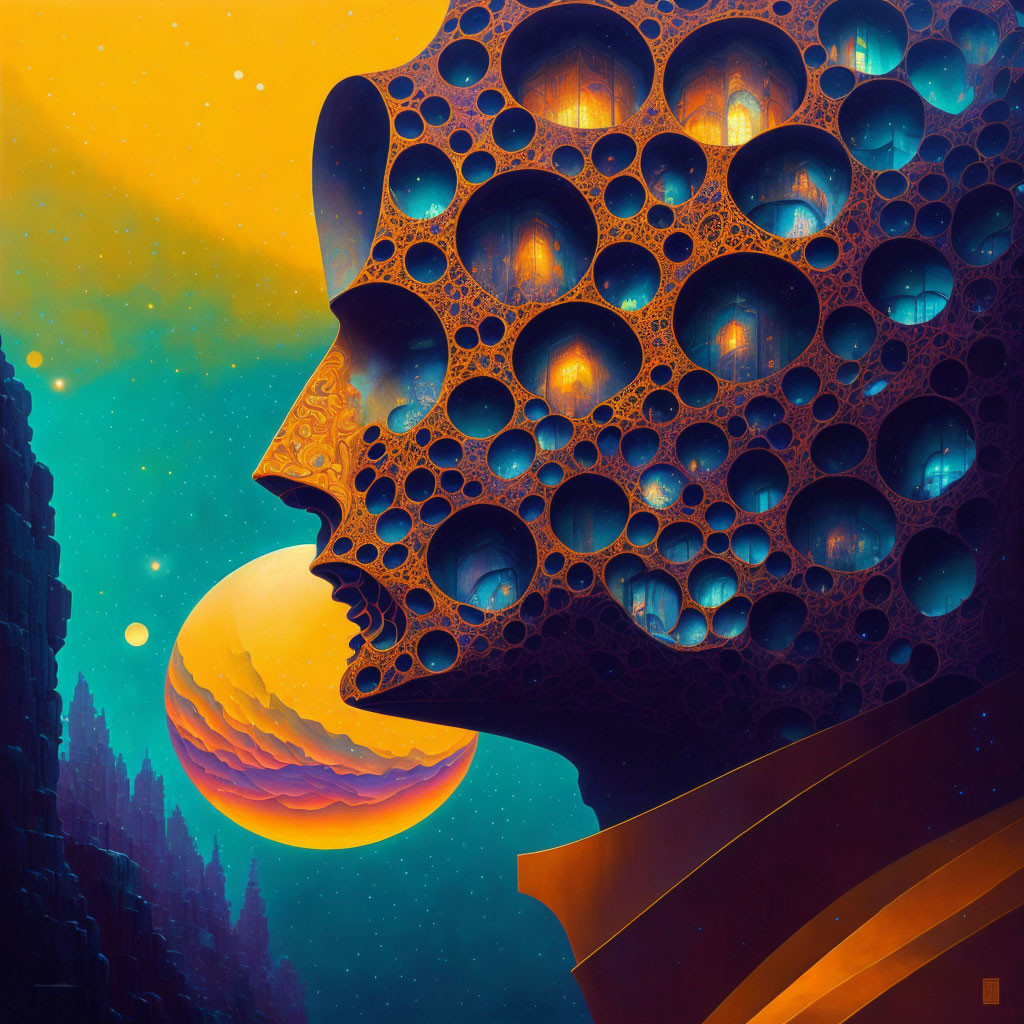 Surreal profiled head with honeycomb structure under starry sky