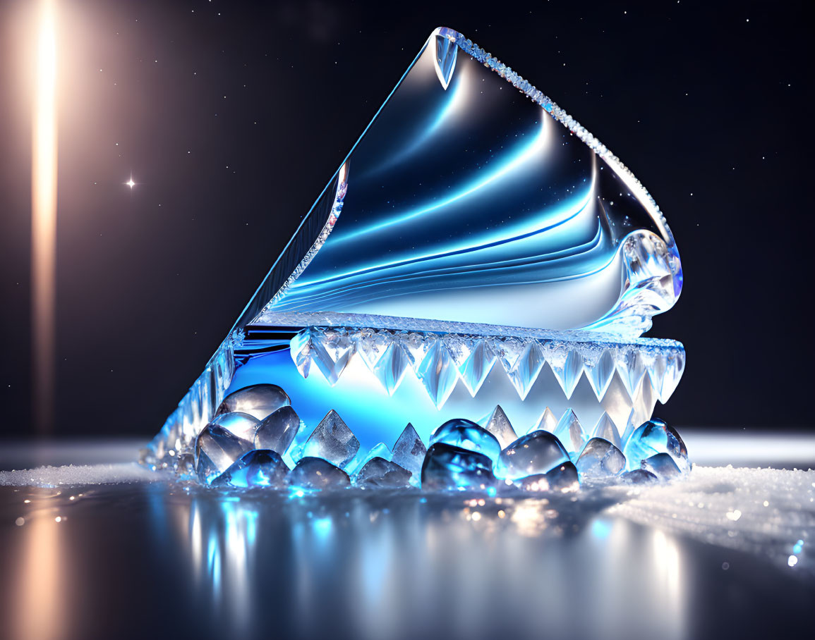 Crystal piano against twilight backdrop with stars and soft glow