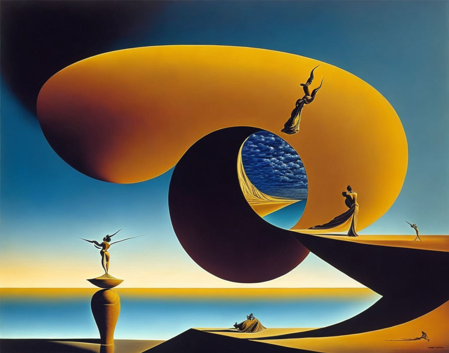 Surreal painting: figure silhouettes, wavy structure, blue skies, golden hues