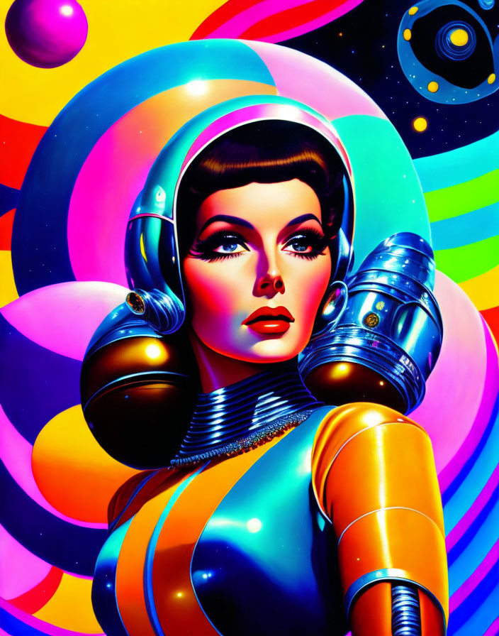 Colorful digital artwork: Woman in retro-futuristic space gear against vibrant cosmic backdrop