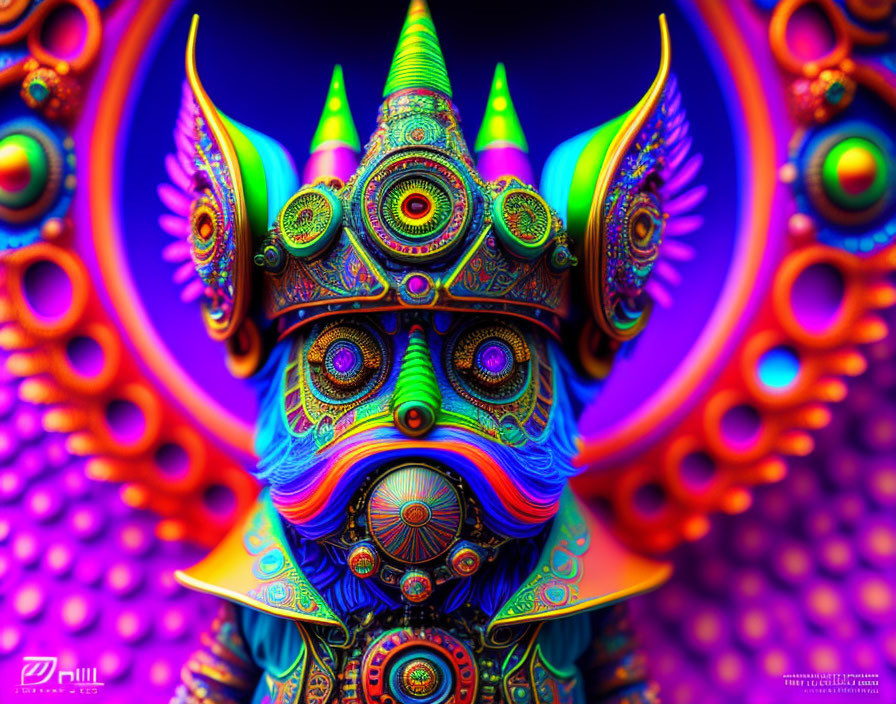 Colorful psychedelic creature with multiple eyes and horns on dotted background