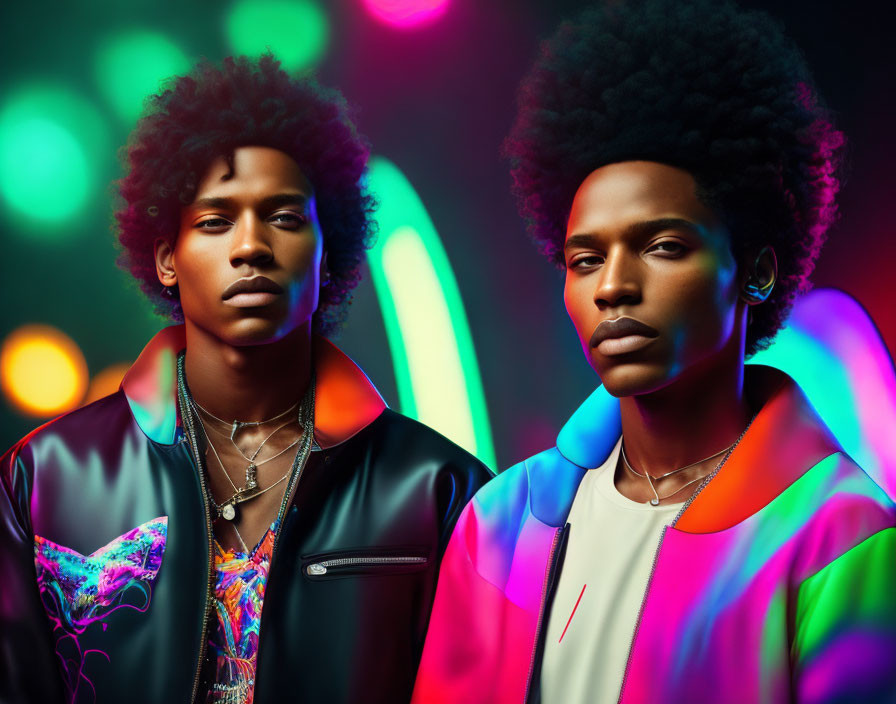 Two people with afro hairstyles in stylish outfits under neon lights.