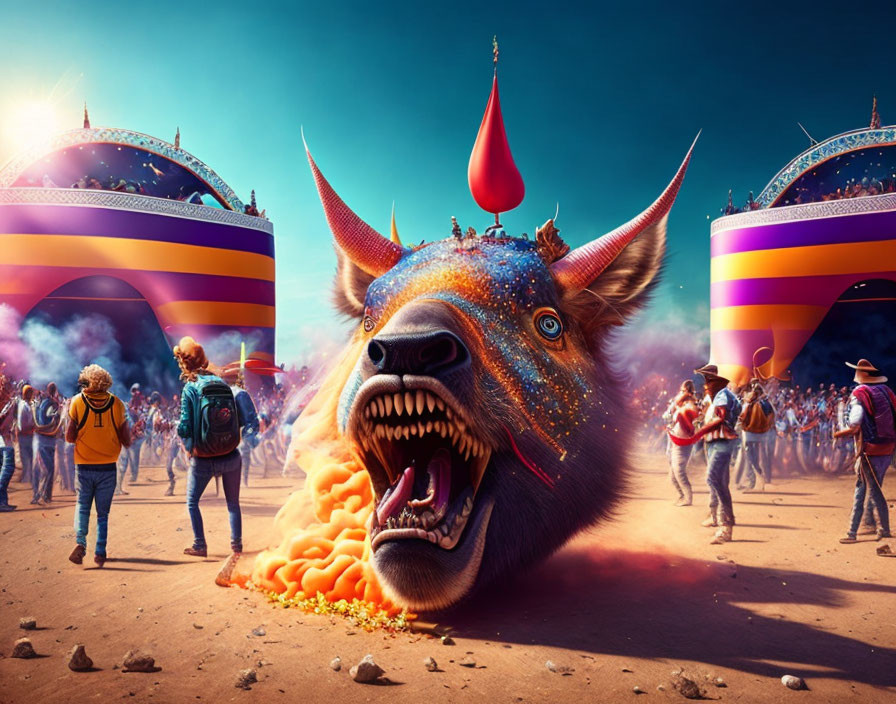 Vibrant fantasy scene: large fire-breathing boar, festive people, colorful pavilions