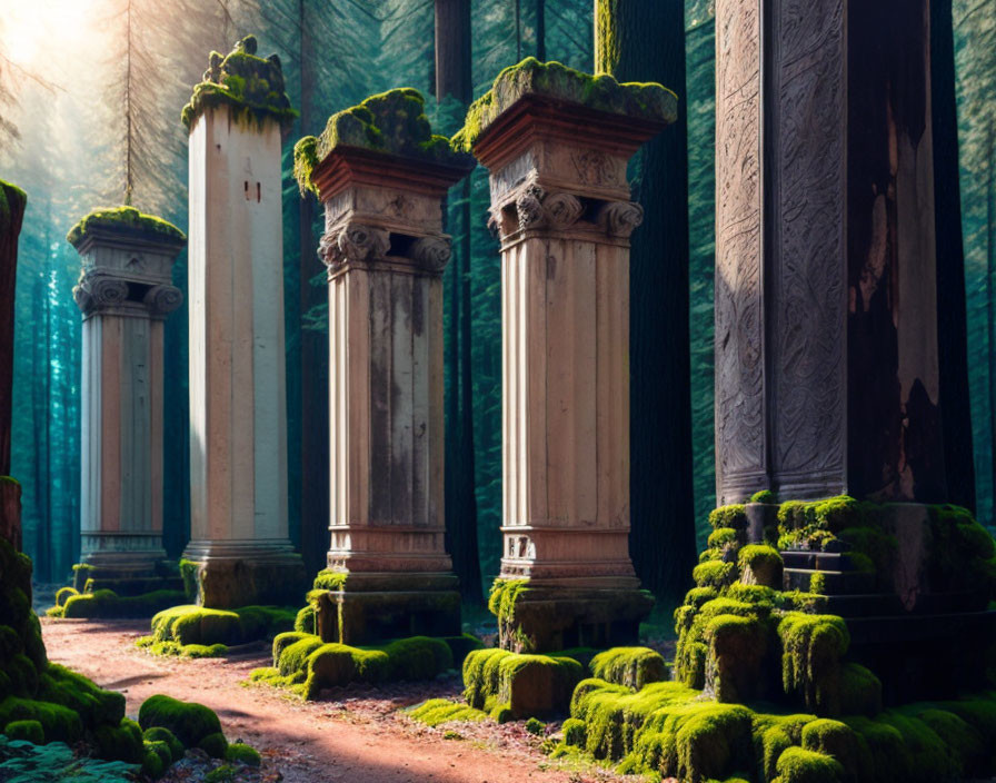 Ancient Columns in Forest with Sunlight and Moss-covered Ground