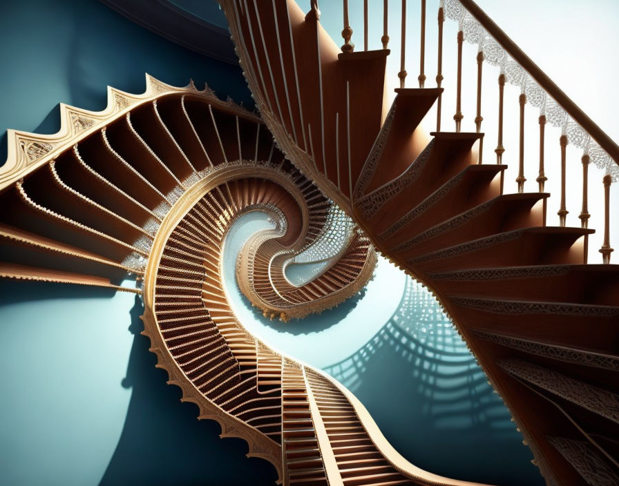 Intricate spiral staircase with balustrades on blue background