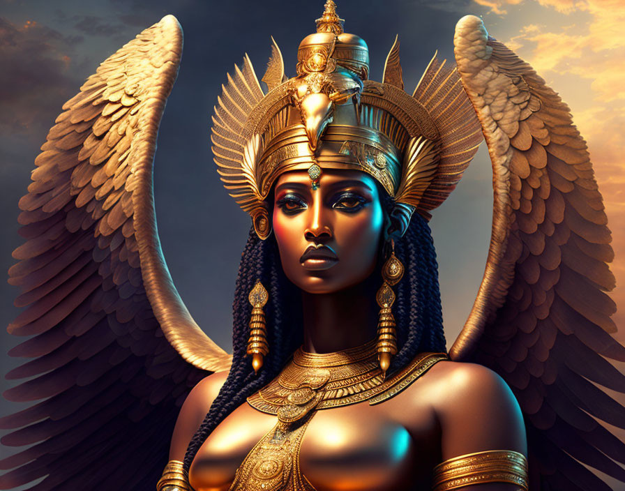 Digital art of mythical figure with golden wings and ornate headdress.