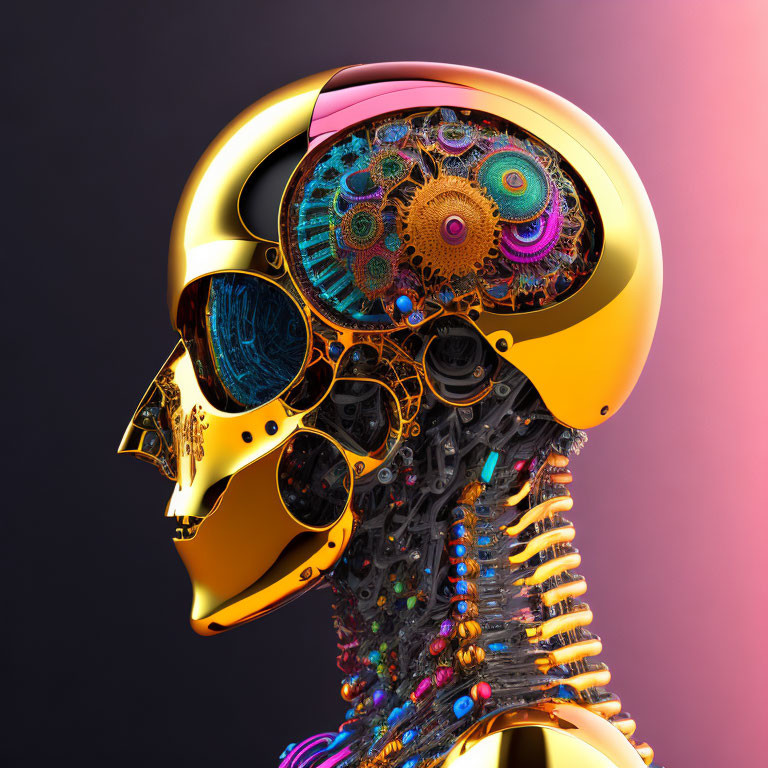 Colorful humanoid robot head with golden gears and mechanical components.