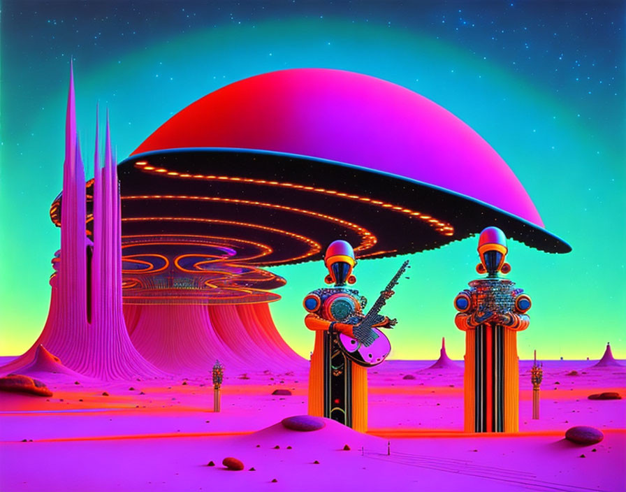 Futuristic landscape with ringed planet, robots, and surreal scenery