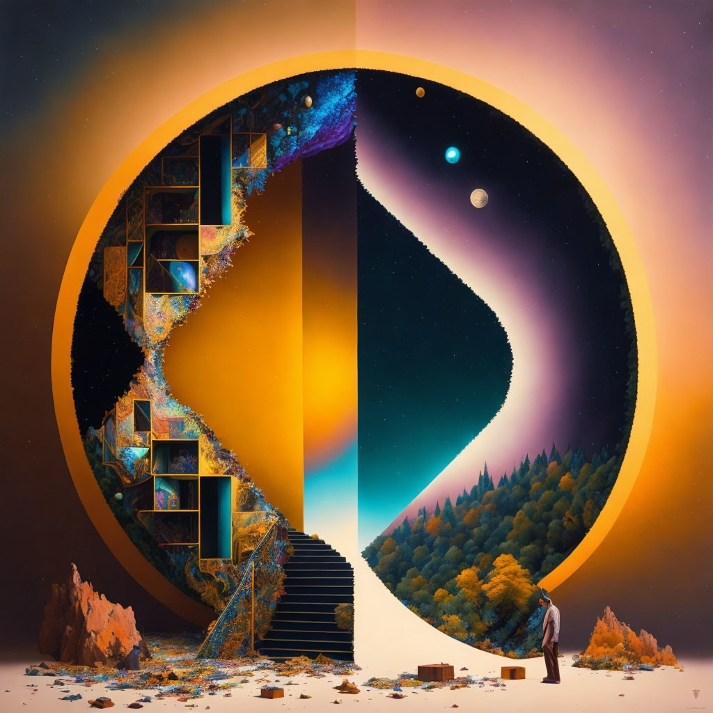 Surreal yin-yang symbol with cosmic landscape and forest scene divided.