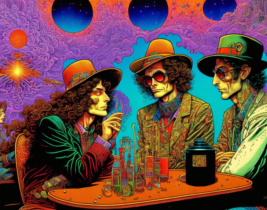 Colorful Psychedelic Illustration of Three Individuals at Table