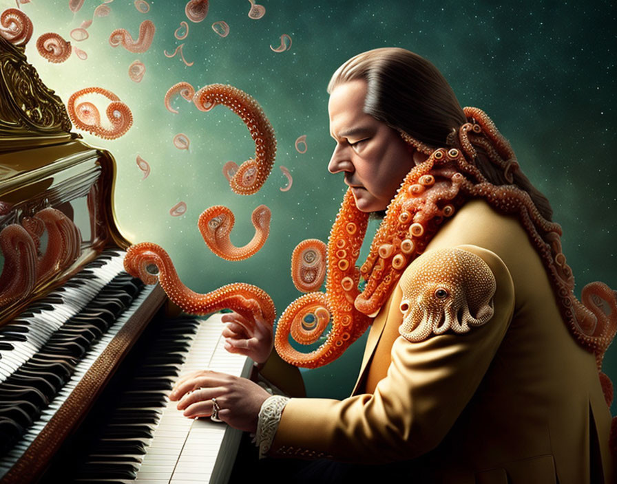 Person with Octopus Tentacles Hair Playing Grand Piano in Starry Background