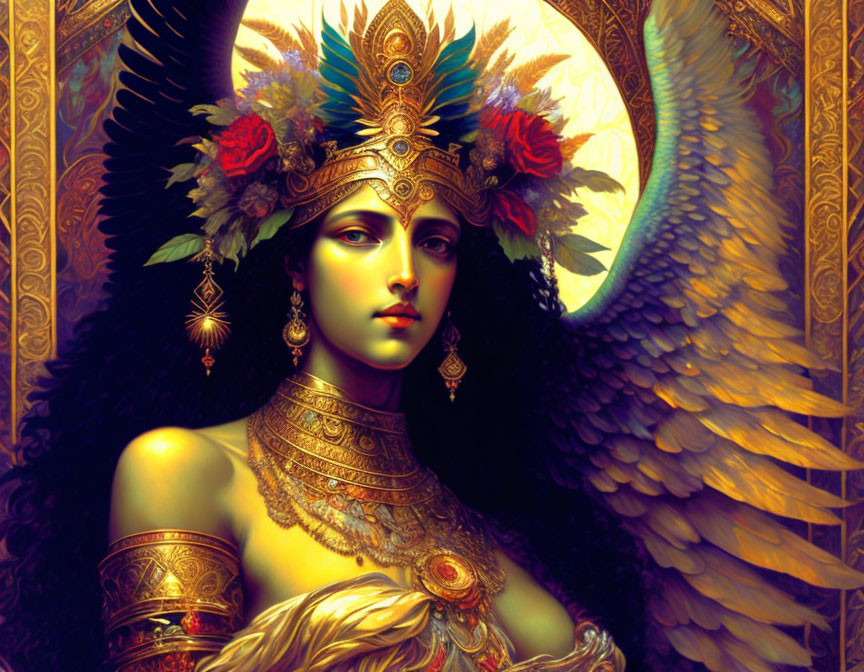 Digital artwork: Woman with angelic wings, ornate headgear, gold jewelry, and intense gaze