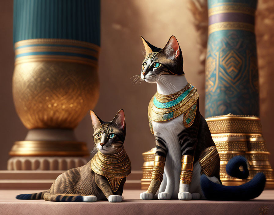 Regal cats with Egyptian-style collars by elegant pillars