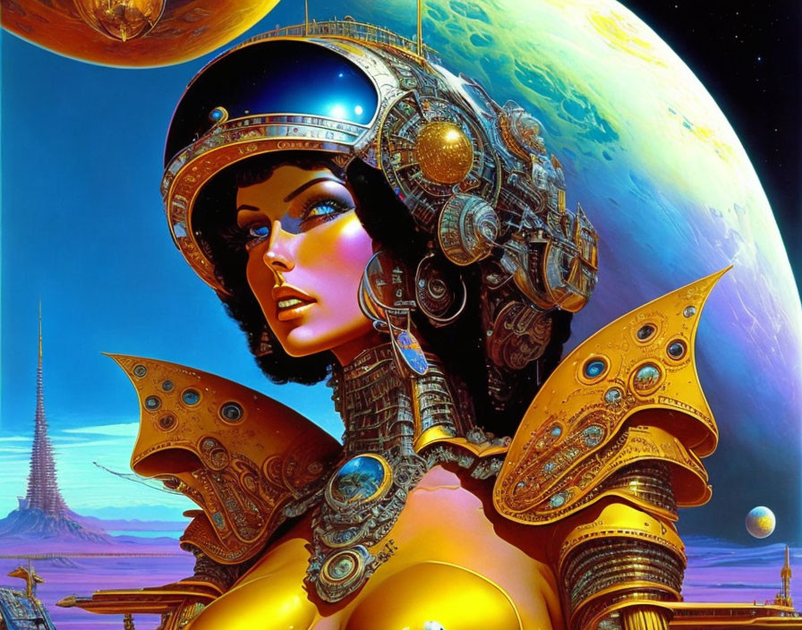 Futuristic digital artwork of woman in armor against space backdrop