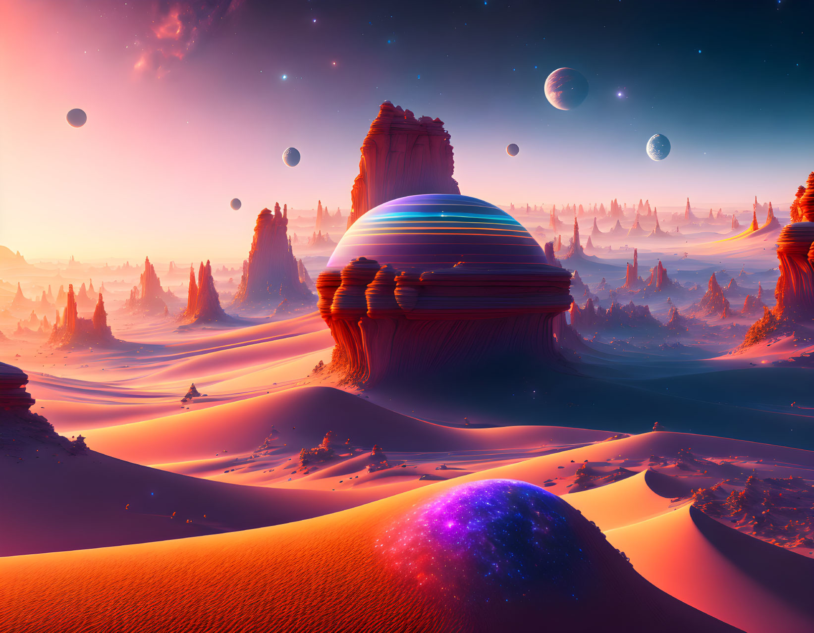 Colorful alien landscape with towering rocks and celestial bodies under pink sky