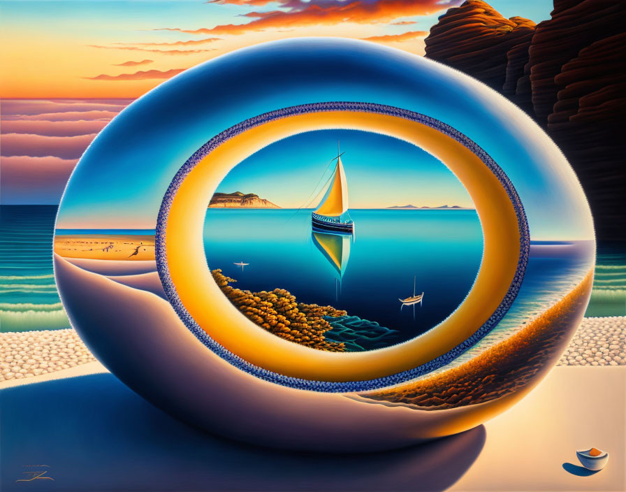 Surreal coastal painting with circular reflective portal and sailboat on serene blue waters