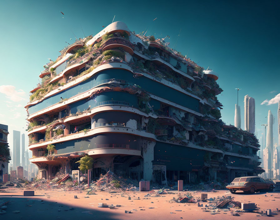 Abandoned futuristic building with overgrown vegetation in desolate landscape